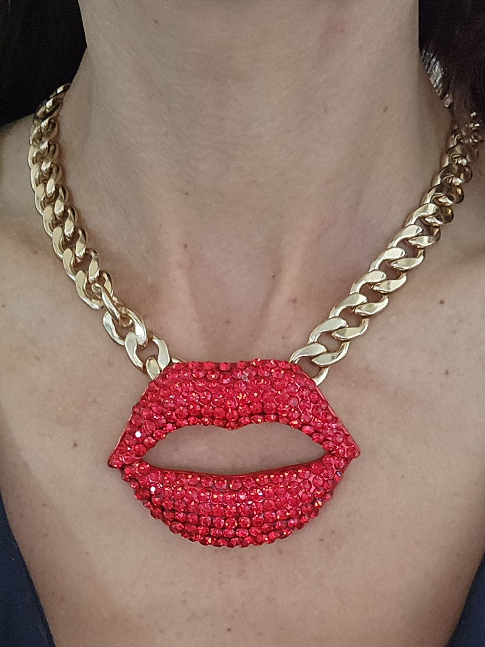 Gold Chain Necklace with Red Crystal Lip Pendant